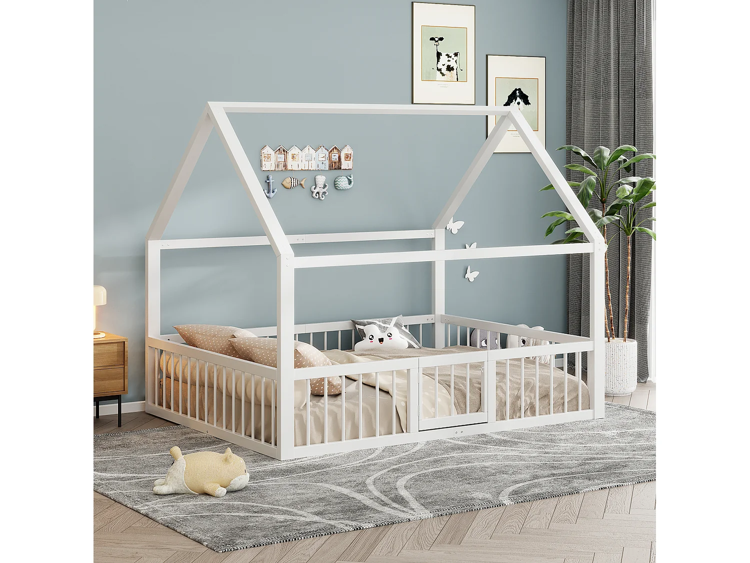 Lit enfant 140 x 200 cm - avec des balustrades et des portails - métal blanc - sans matelas