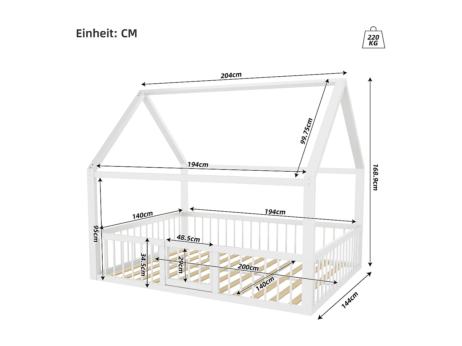 Lit enfant 140 x 200 cm - avec des balustrades et des portails - métal blanc - sans matelas