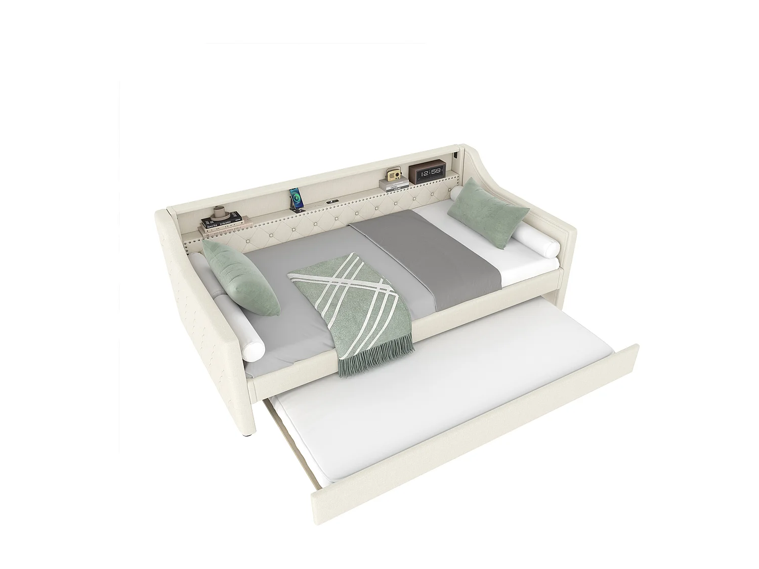 Cama baú 90x200cm - com iluminação LED e porta USB - bege - colchão não incluído