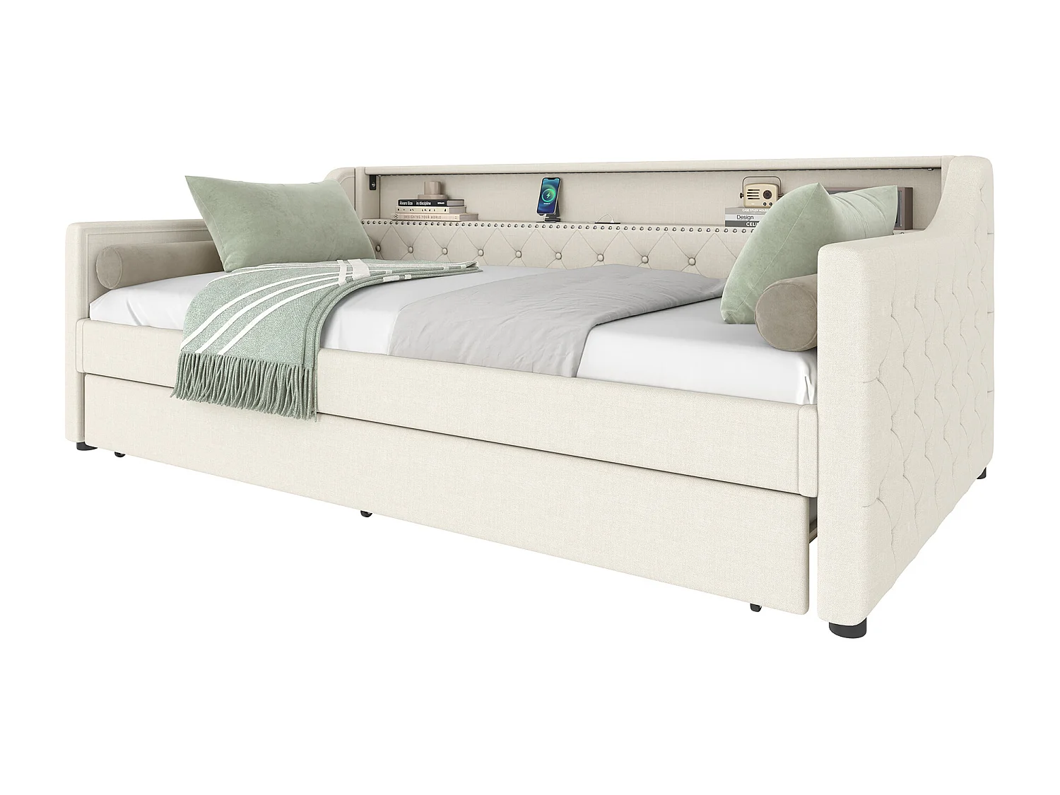 Cama baú 90x200cm - com iluminação LED e porta USB - bege - colchão não incluído