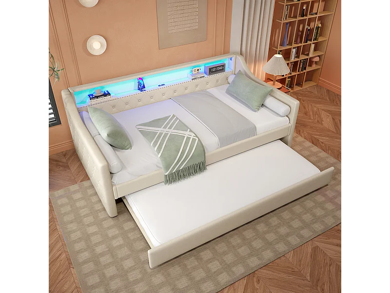 Cama baú 90x200cm - com iluminação LED e porta USB - bege - colchão não incluído