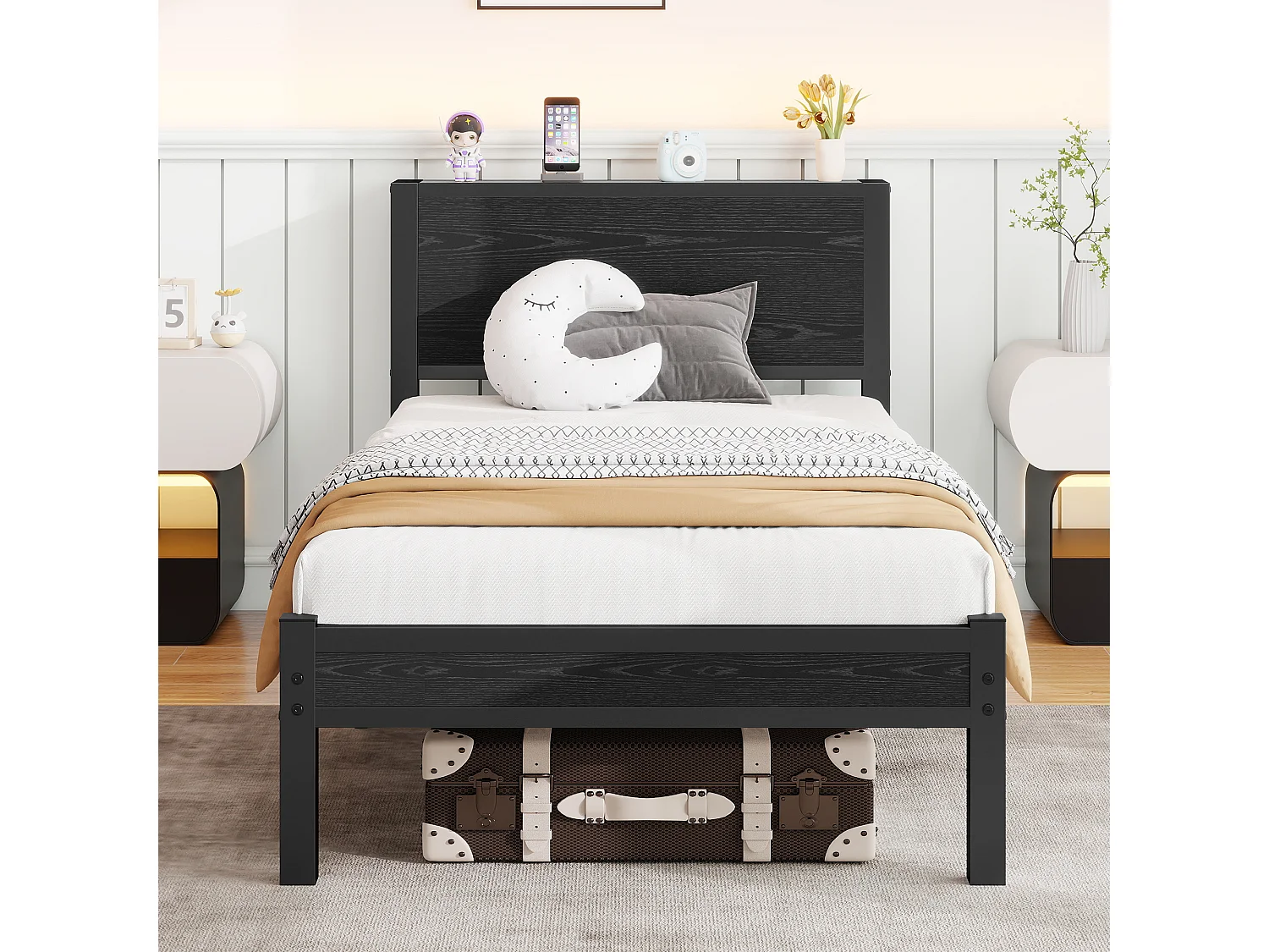 Lit enfant 90x200 cm - avec sommier à lattes et rangement ouvert - noir - sans matelas