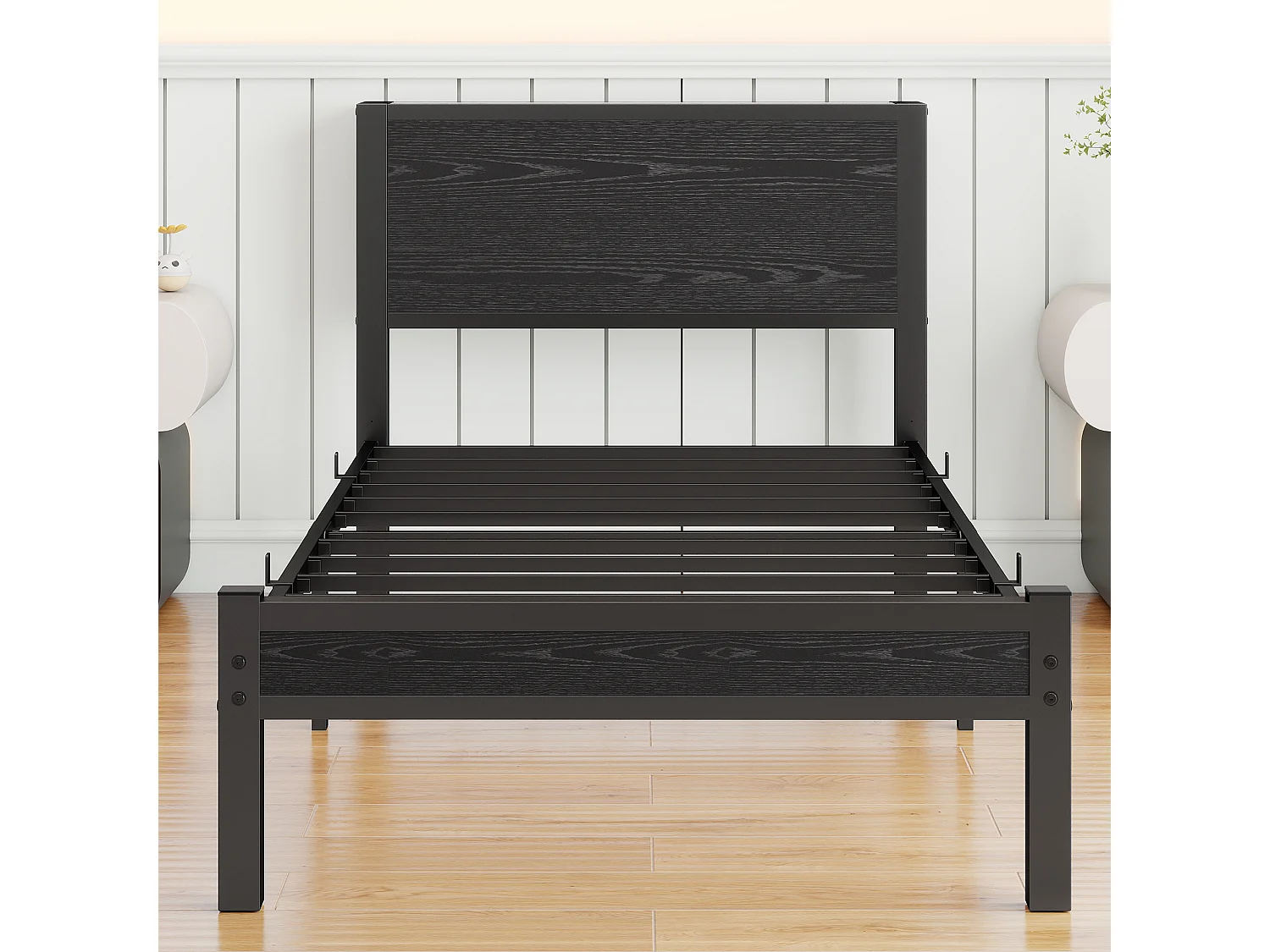 Lit enfant 90x200 cm - avec sommier à lattes et rangement ouvert - noir - sans matelas