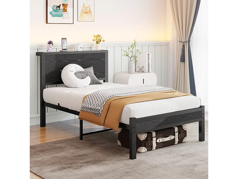 Lit enfant 90x200 cm - avec sommier à lattes et rangement ouvert - noir - sans matelas