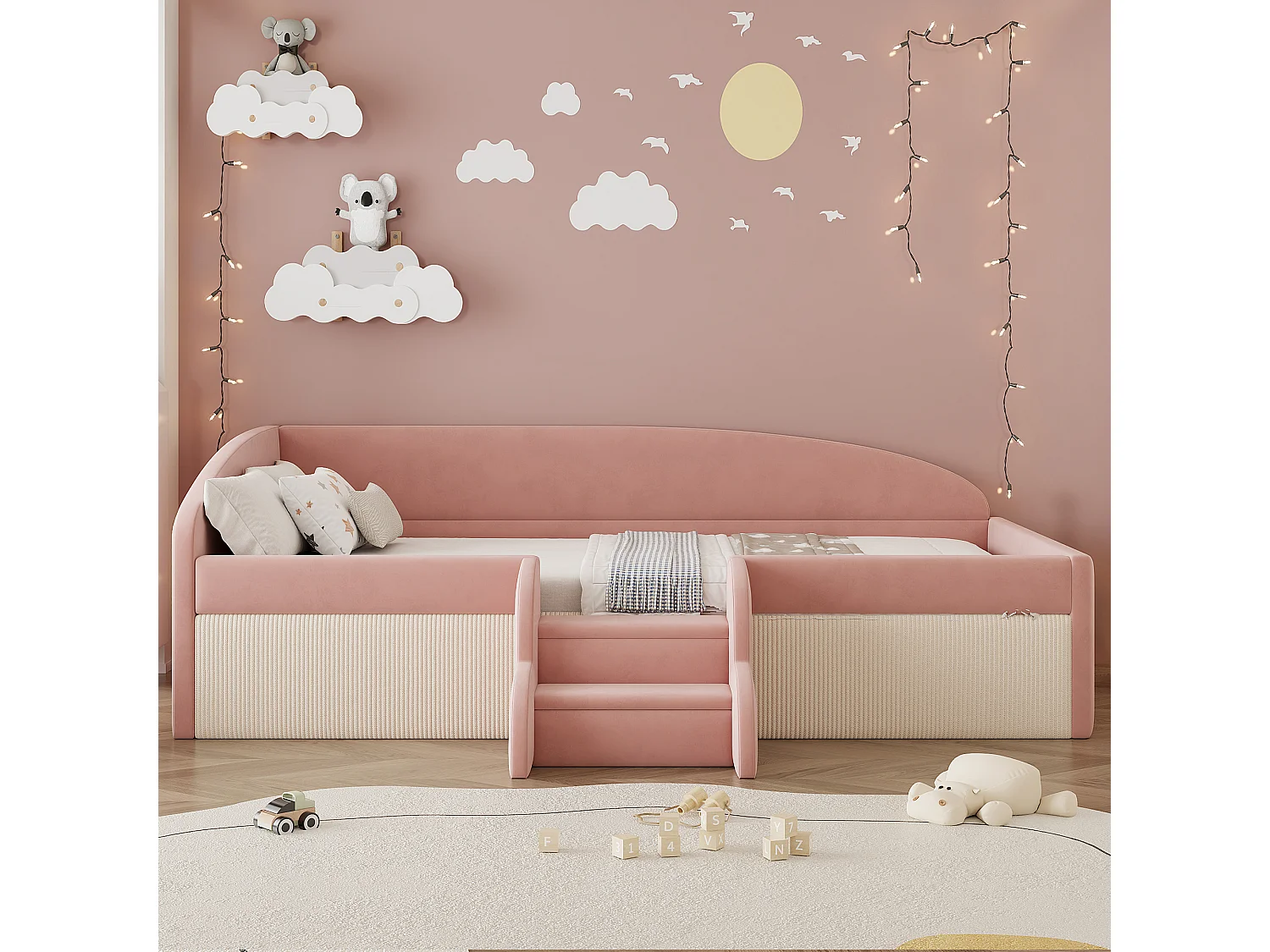Lit banquette 90x190 cm - Lit enfant avec tête de lit, sommier à lattes - velours rose - sans matelas