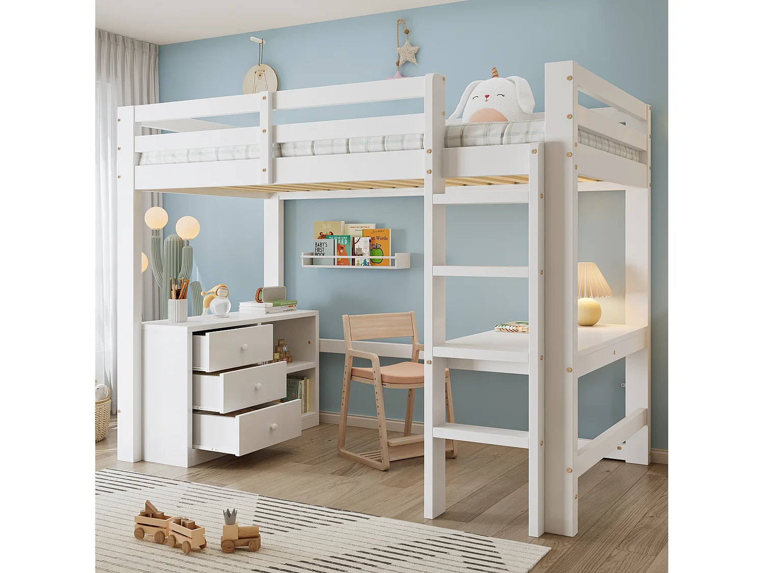 Letto a castello 90x200 cm - con scrivania, cassetto e ripiani - bianco - materasso non incluso