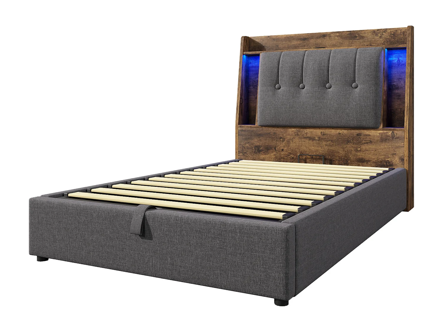 Opbergbed 90x200 cm - met hoofdbord met opbergruimte, USB- en Type-C-poort, ledverlichting - grijs linnen - matras niet inbegrepen
