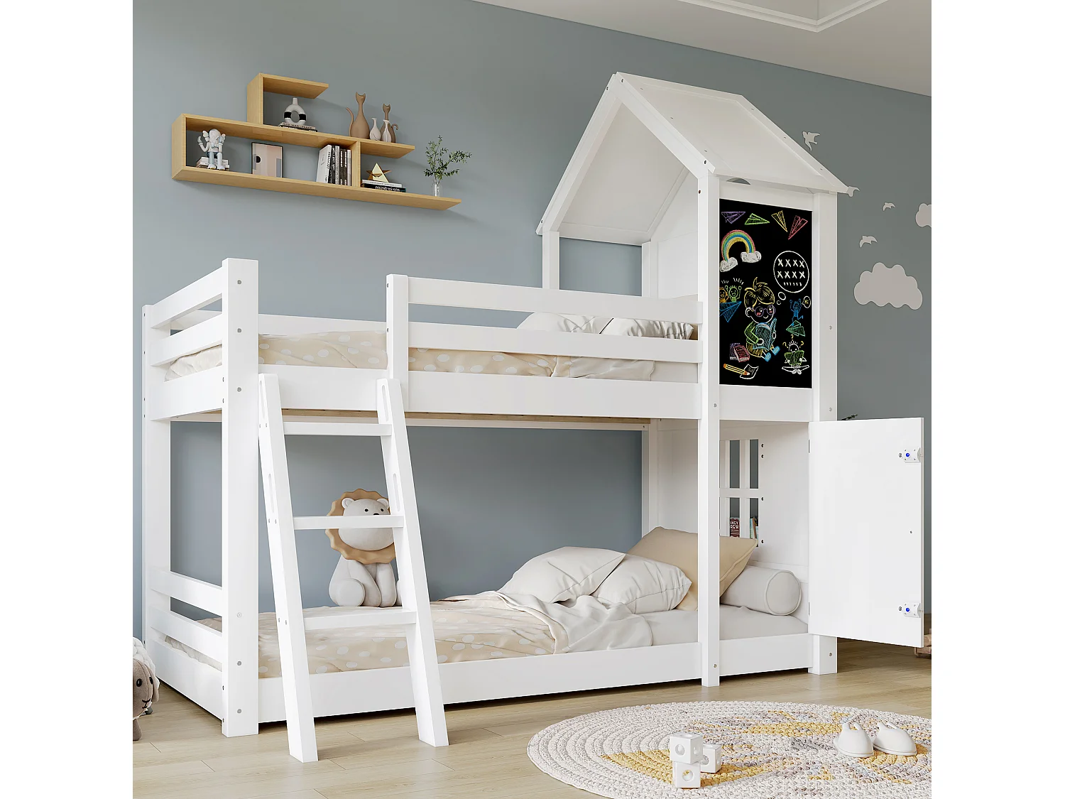 Etagenbett 90 x 200 cm – mit kleiner Tür, Kreidetafel, Treppe und Dach – weiß – ohne Matratze