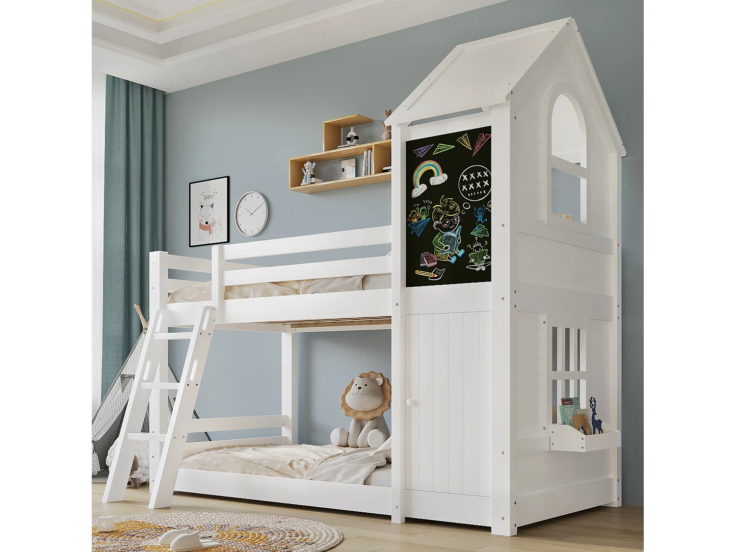 Etagenbett 90 x 200 cm – mit kleiner Tür, Kreidetafel, Treppe und Dach – weiß – ohne Matratze