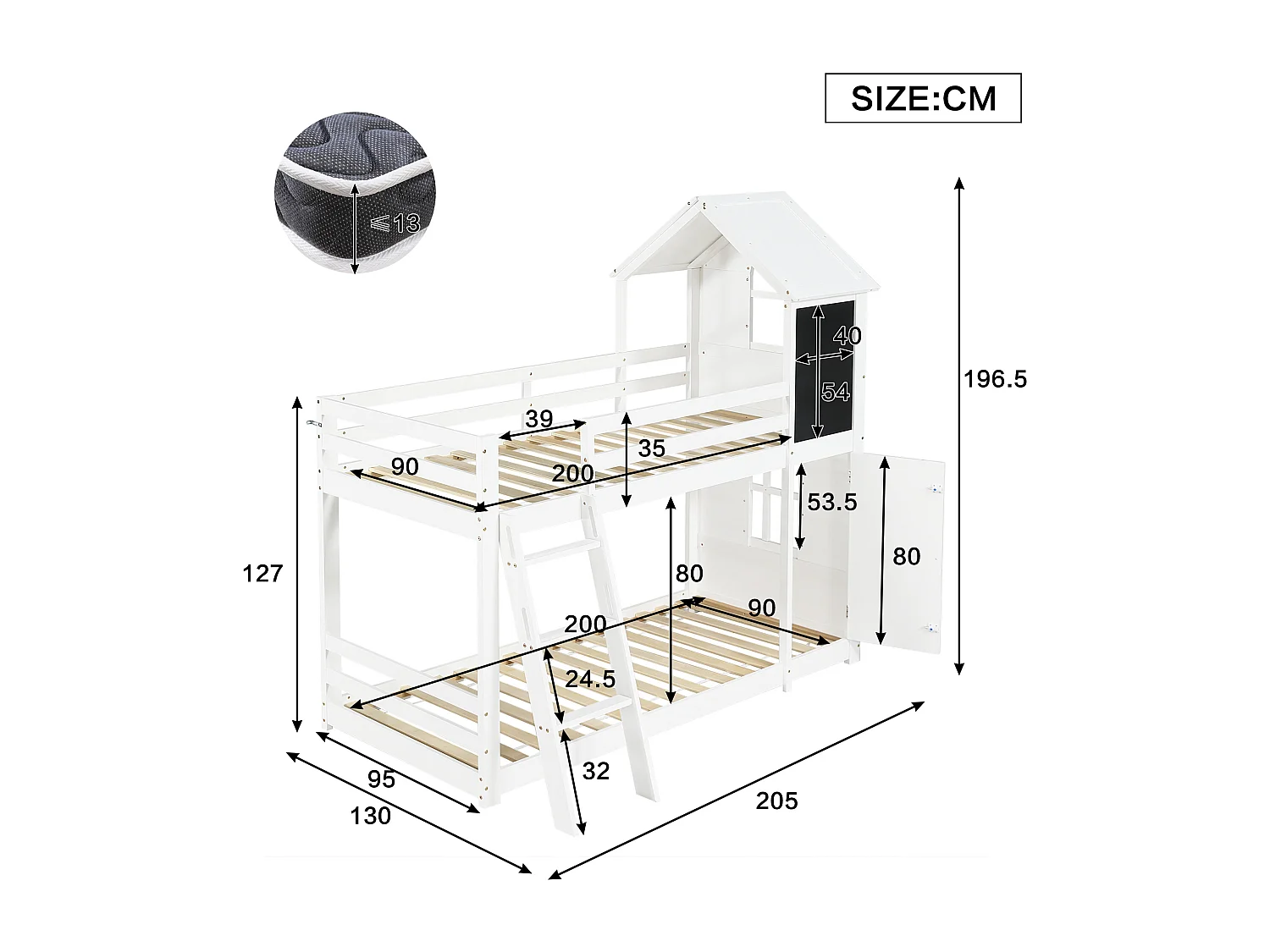 Etagenbett 90 x 200 cm – mit kleiner Tür, Kreidetafel, Treppe und Dach – weiß – ohne Matratze