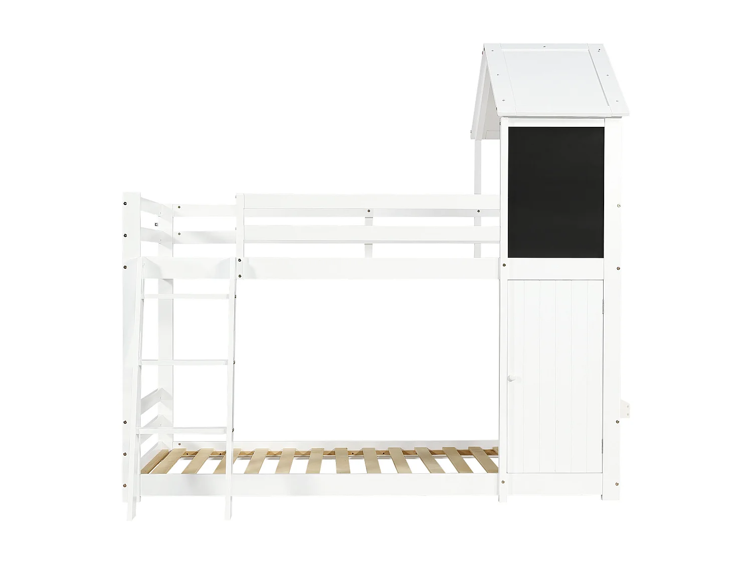 Etagenbett 90 x 200 cm – mit kleiner Tür, Kreidetafel, Treppe und Dach – weiß – ohne Matratze