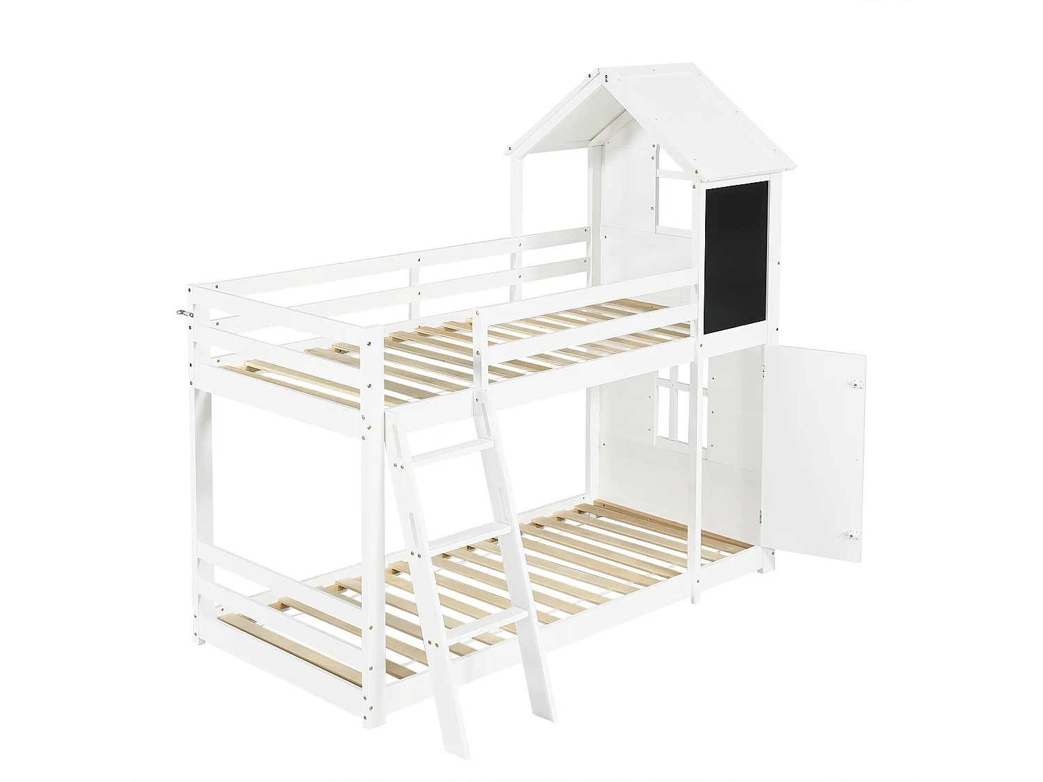 Etagenbett 90 x 200 cm – mit kleiner Tür, Kreidetafel, Treppe und Dach – weiß – ohne Matratze