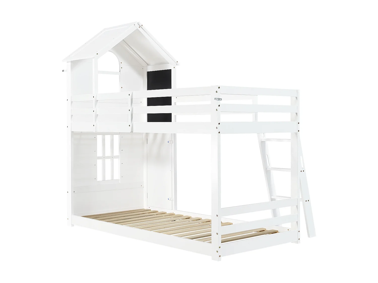 Etagenbett 90 x 200 cm – mit kleiner Tür, Kreidetafel, Treppe und Dach – weiß – ohne Matratze