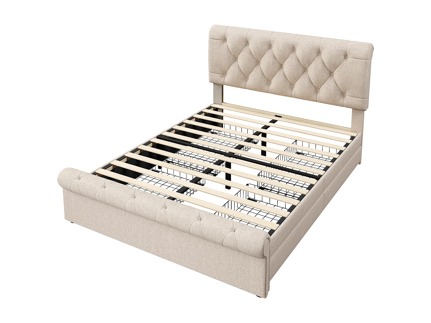 Lit adulte 140x200 cm - avec tête de lit réglable et 4 tiroirs - lin naturel - matelas inclus