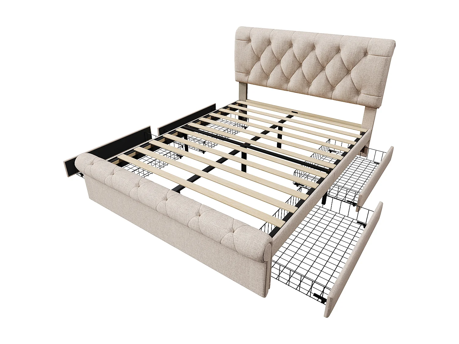 Lit adulte 140x200 cm - avec tête de lit réglable et 4 tiroirs - lin naturel - matelas inclus