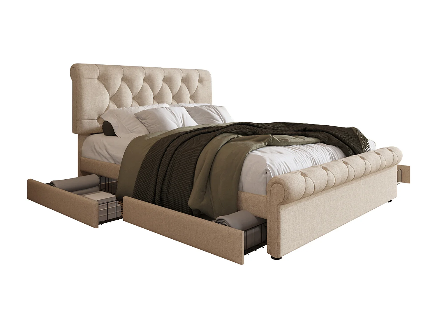 Lit adulte 140x200 cm - avec tête de lit réglable et 4 tiroirs - lin naturel - matelas inclus