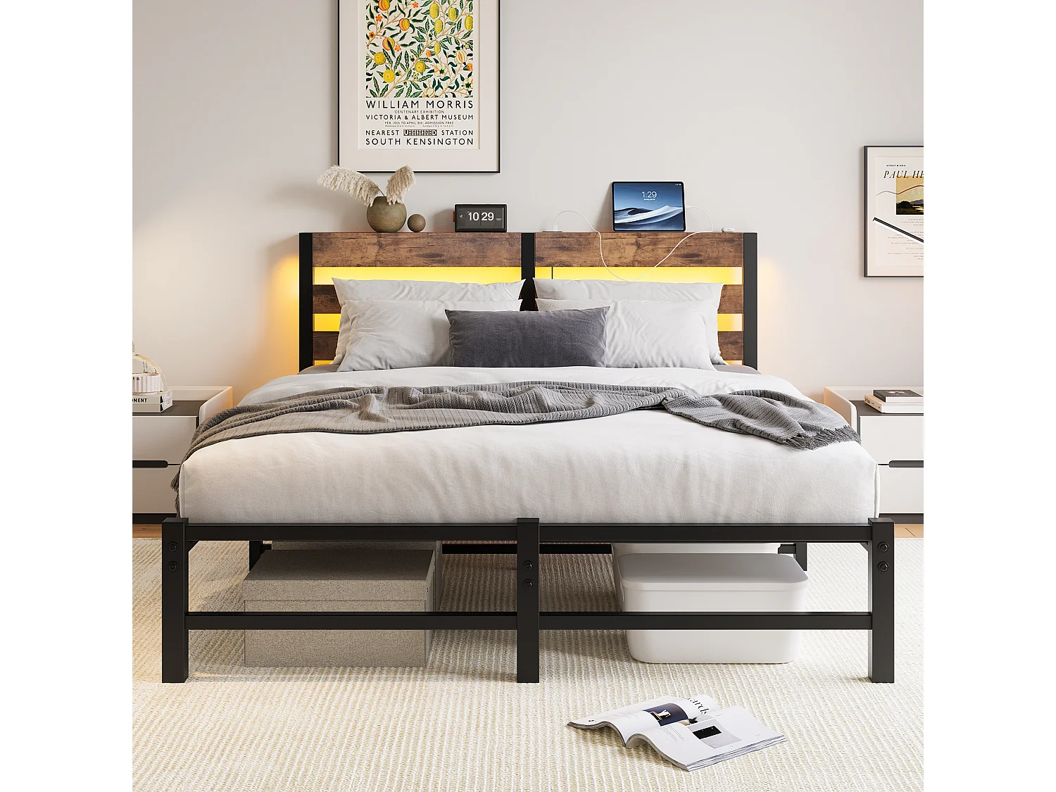 Erwachsenenbett 140 x 190 cm – mit LED-Beleuchtung und Kopfteil mit Stauraum – Metall und Holz – Schwarz/Braun – Matratze nicht enthalten