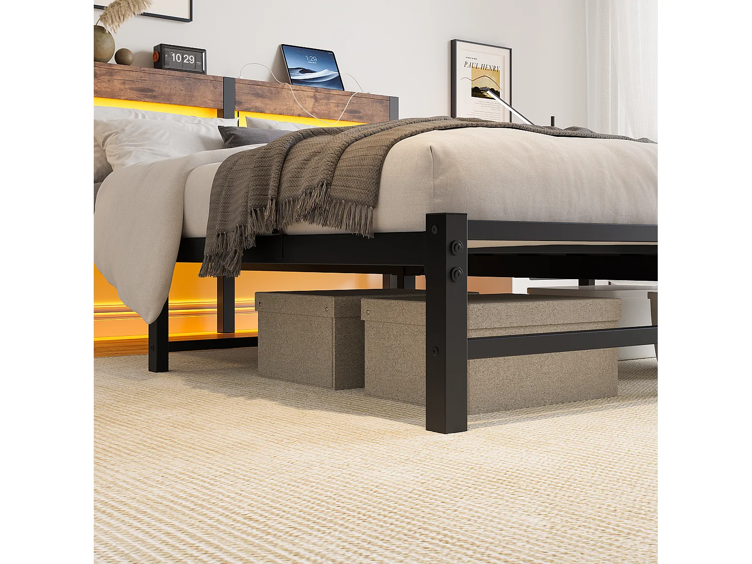 Erwachsenenbett 140 x 190 cm – mit LED-Beleuchtung und Kopfteil mit Stauraum – Metall und Holz – Schwarz/Braun – Matratze nicht enthalten