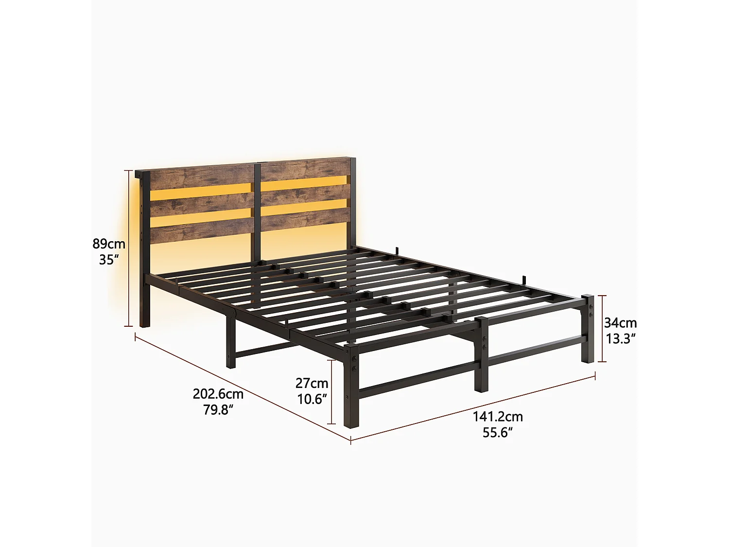 Erwachsenenbett 140 x 190 cm – mit LED-Beleuchtung und Kopfteil mit Stauraum – Metall und Holz – Schwarz/Braun – Matratze nicht enthalten