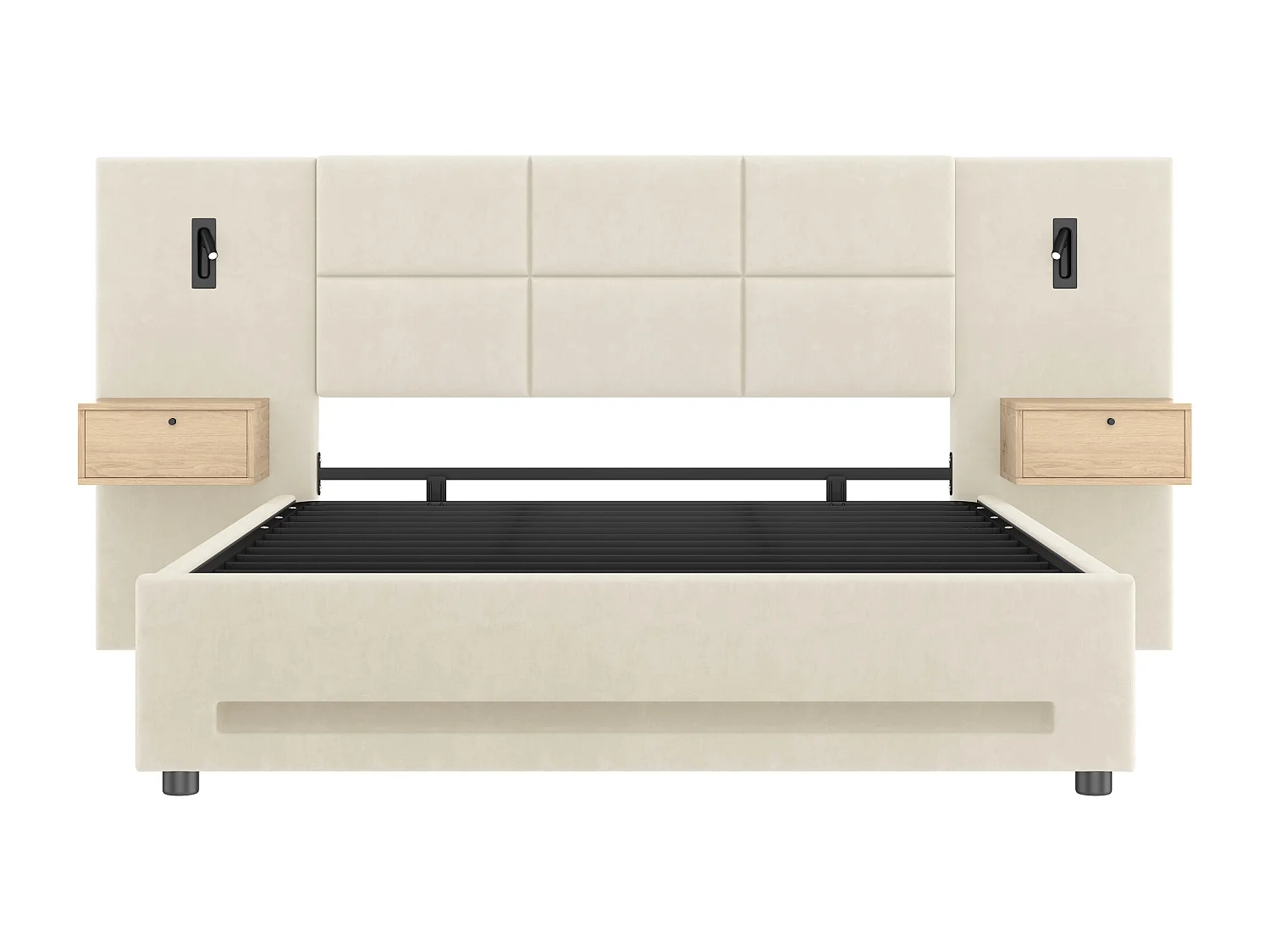 Łóżko z pojemnikiem 180x200 cm - z 2 stolikami nocnymi, LED i portami USB - beżowy aksamit - materac nie jest wliczony w cenę
