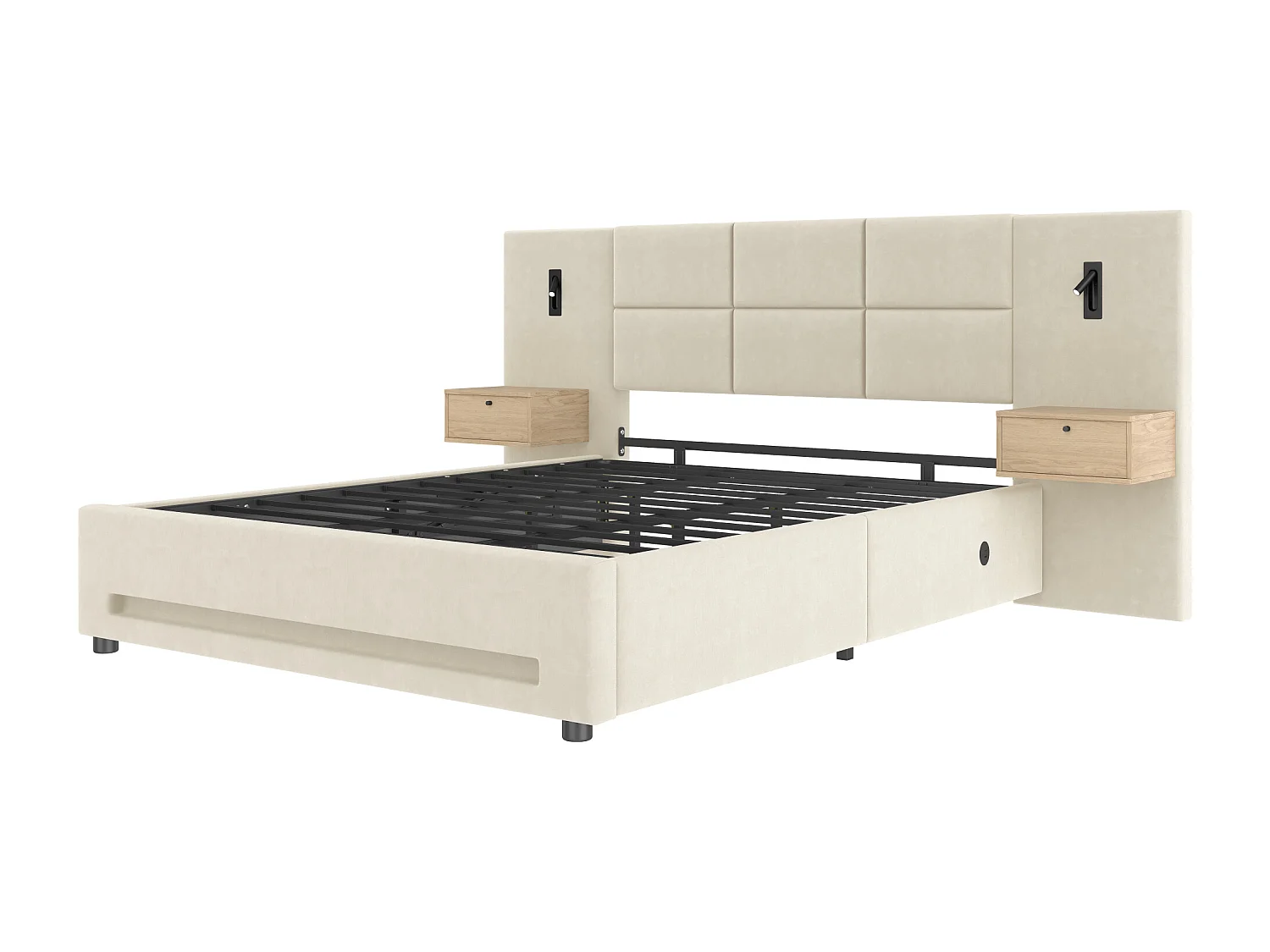 Łóżko z pojemnikiem 180x200 cm - z 2 stolikami nocnymi, LED i portami USB - beżowy aksamit - materac nie jest wliczony w cenę