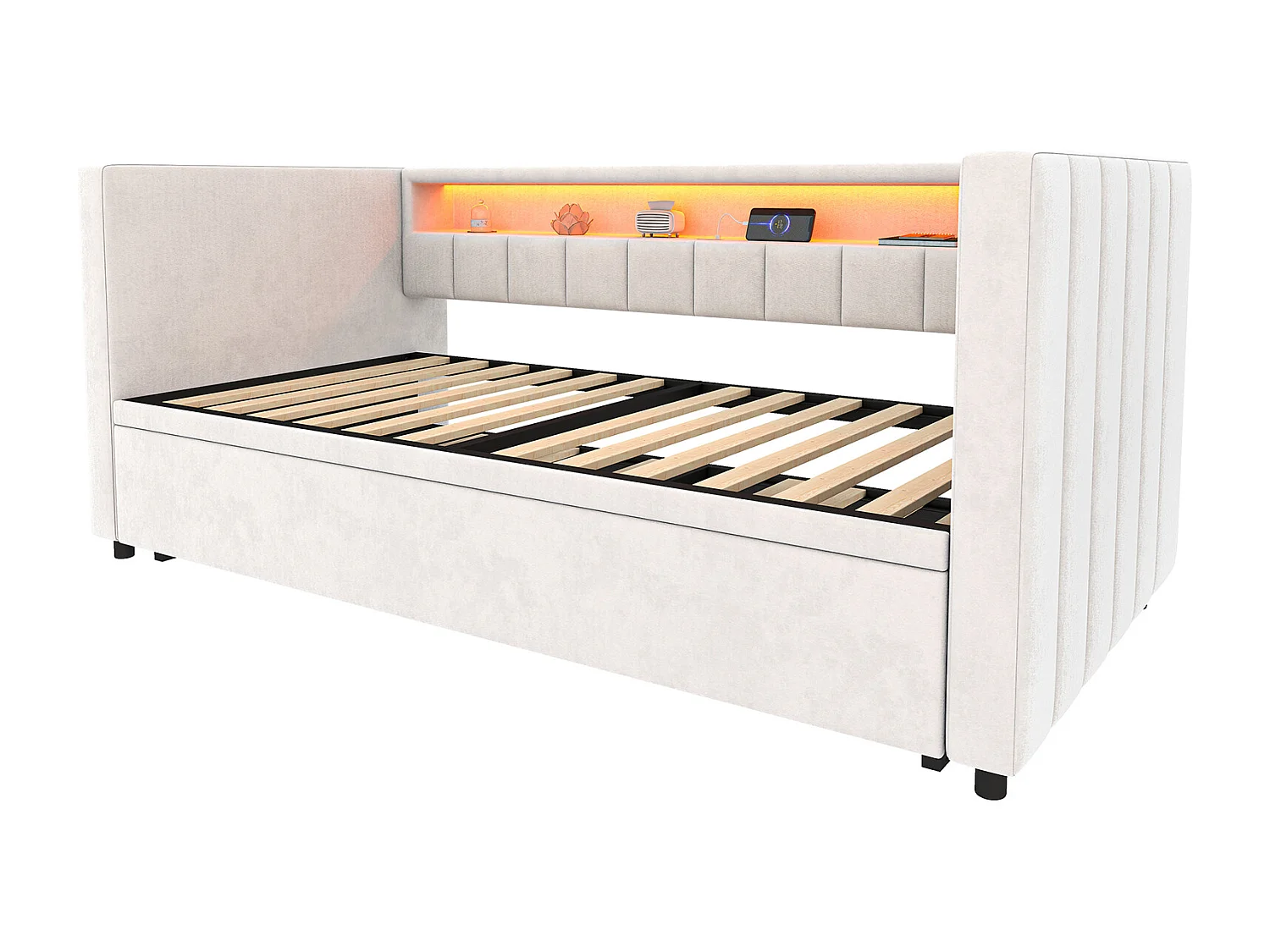 Lit enfant 90x190 cm - avec USB Type-C, LED - en velours - beige - sans matelas