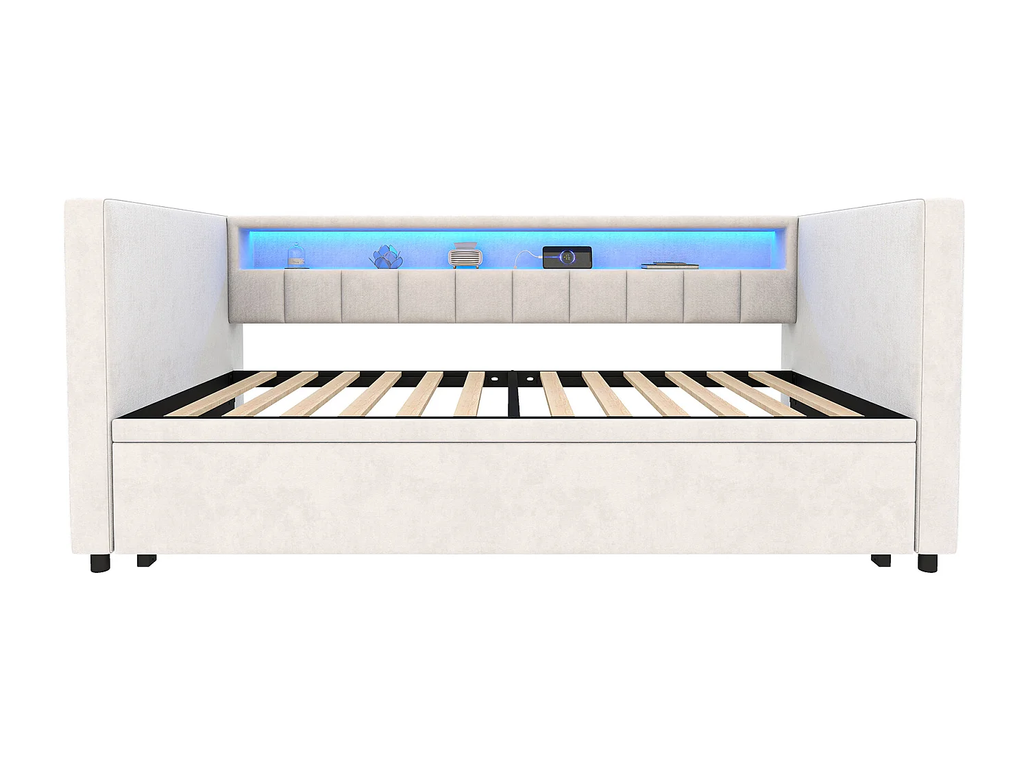 Lit enfant 90x190 cm - avec USB Type-C, LED - en velours - beige - sans matelas