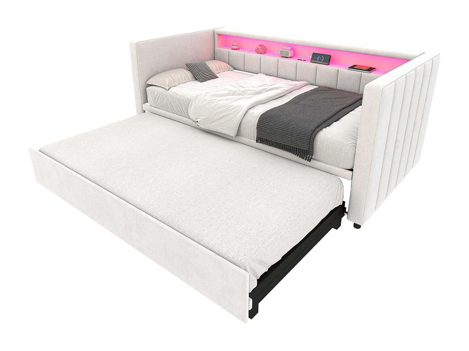 Lit enfant 90x190 cm - avec USB Type-C, LED - en velours - beige - sans matelas