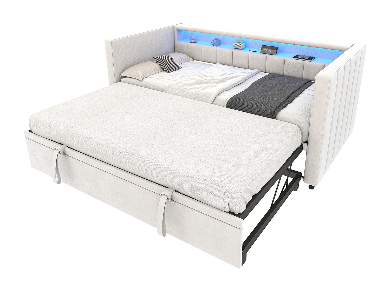 Lit enfant 90x190 cm - avec USB Type-C, LED - en velours - beige - sans matelas