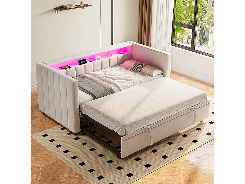 Kinderbett 90 x 190 cm – mit USB-C-Anschluss, LED-Beleuchtung – Samtbezug – beige – ohne Matratze