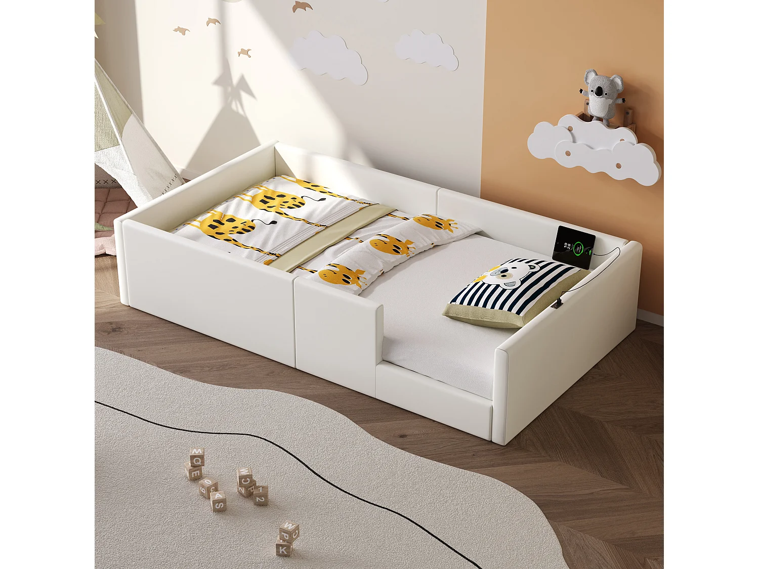 Kinderbett 90 x 200 cm – mit 3 USB- und USB-C-Anschlüssen – Weiß – Matratze nicht enthalten