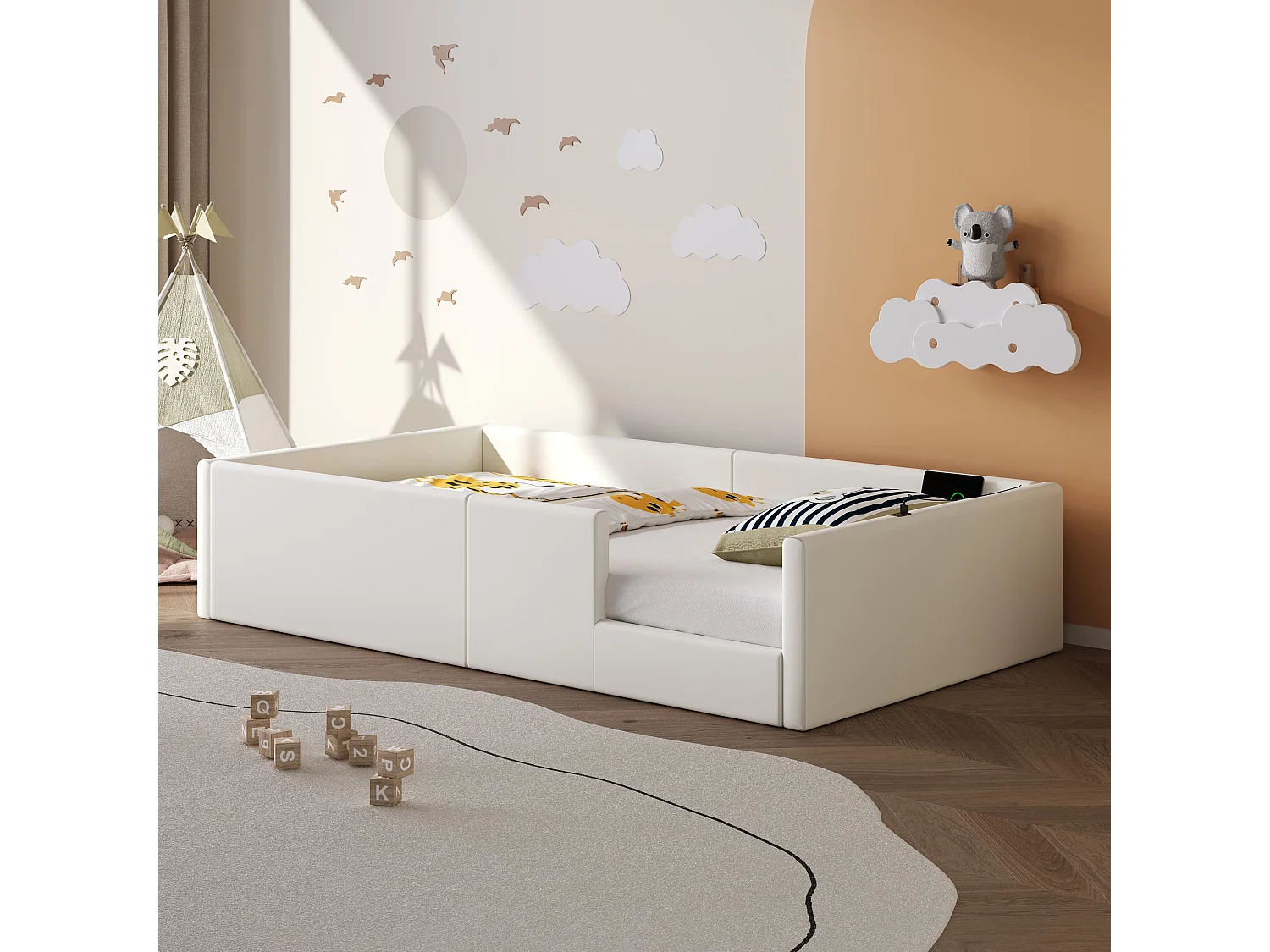 Kinderbett 90 x 200 cm – mit 3 USB- und USB-C-Anschlüssen – Weiß – Matratze nicht enthalten