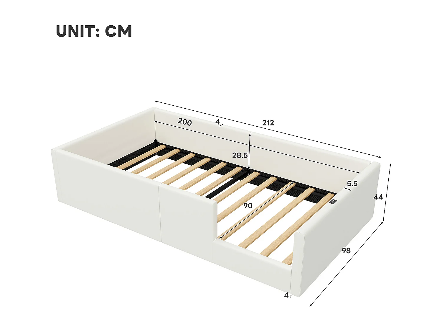 Kinderbett 90 x 200 cm – mit 3 USB- und USB-C-Anschlüssen – Weiß – Matratze nicht enthalten
