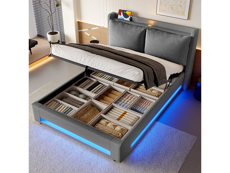Lit coffre 160x200 cm - Lit double avec port USB et LED - lin gris - sans matelas