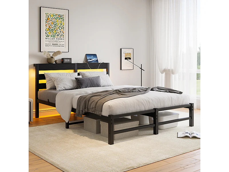 Erwachsenenbett 140 x 190 cm – mit USB-Anschluss und LED-Beleuchtung - Metall und Holz - schwarz - ohne Matratze