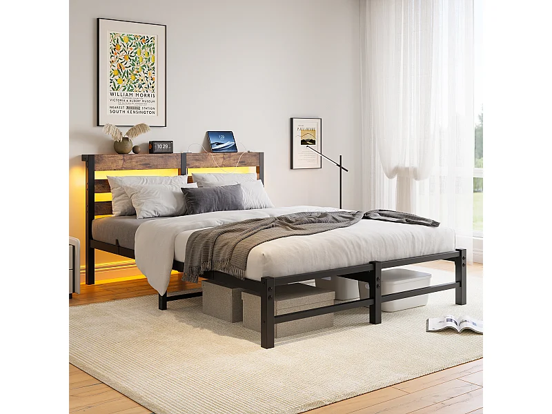 Lit adulte 140x200 cm - avec USB, éclairage LED - en métal et en bois - noir et marron - sans matelas