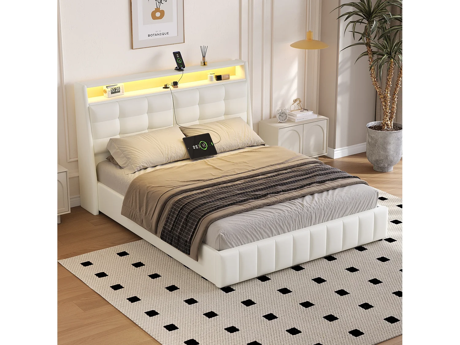 Cama de adulto 160 x 200 cm - com cabeceira com iluminação LED e portas USB - PU branco - colchão não incluído