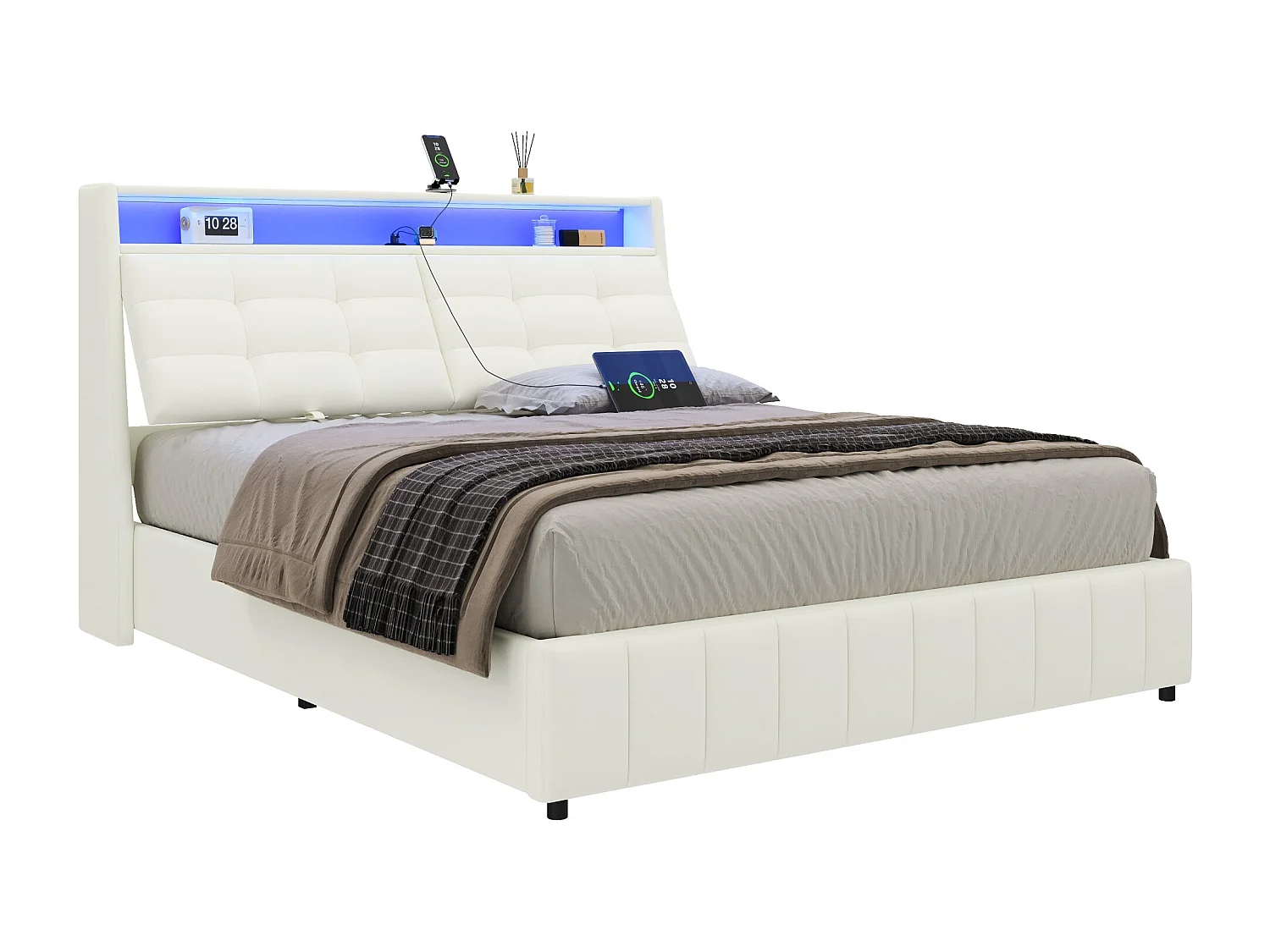 Cama de adulto 160 x 200 cm - com cabeceira com iluminação LED e portas USB - PU branco - colchão não incluído