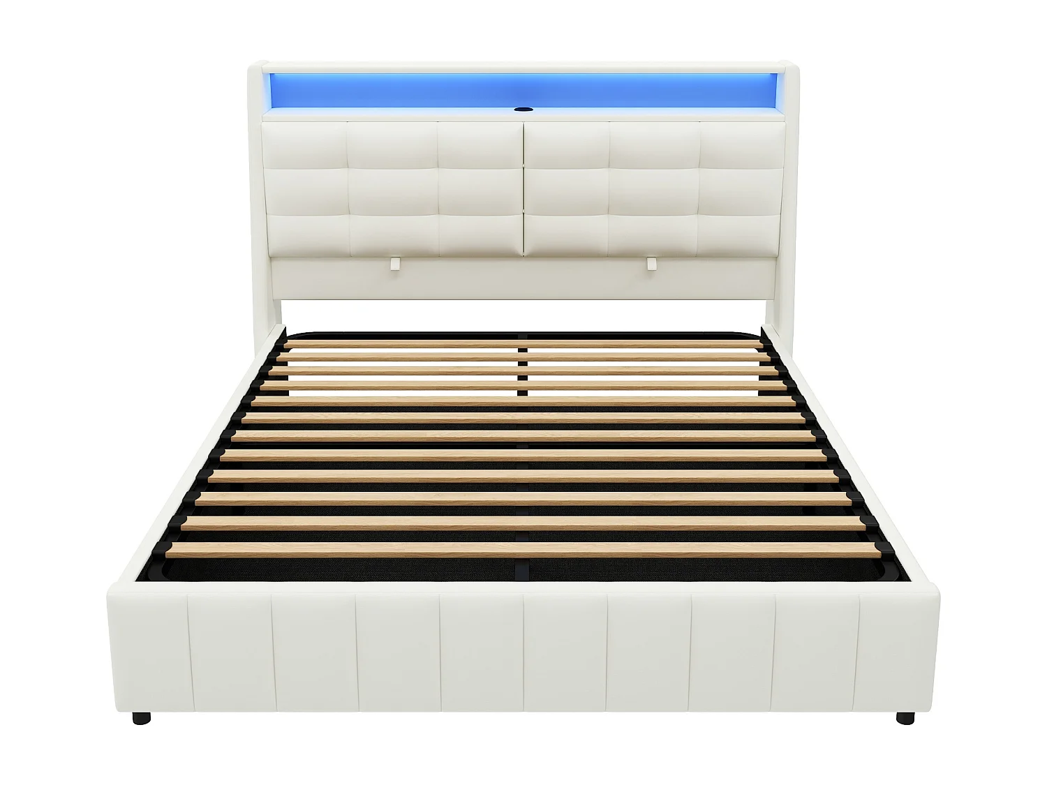 Cama de adulto 160 x 200 cm - com cabeceira com iluminação LED e portas USB - PU branco - colchão não incluído
