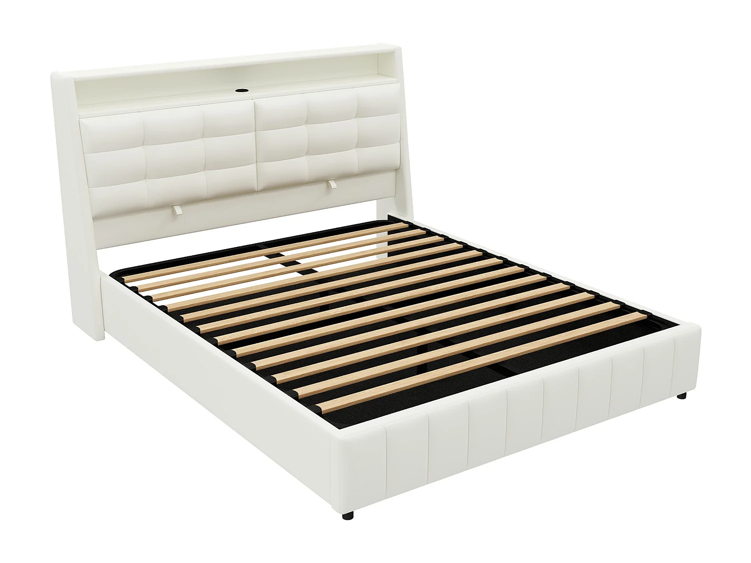 Cama de adulto 160 x 200 cm - com cabeceira com iluminação LED e portas USB - PU branco - colchão não incluído