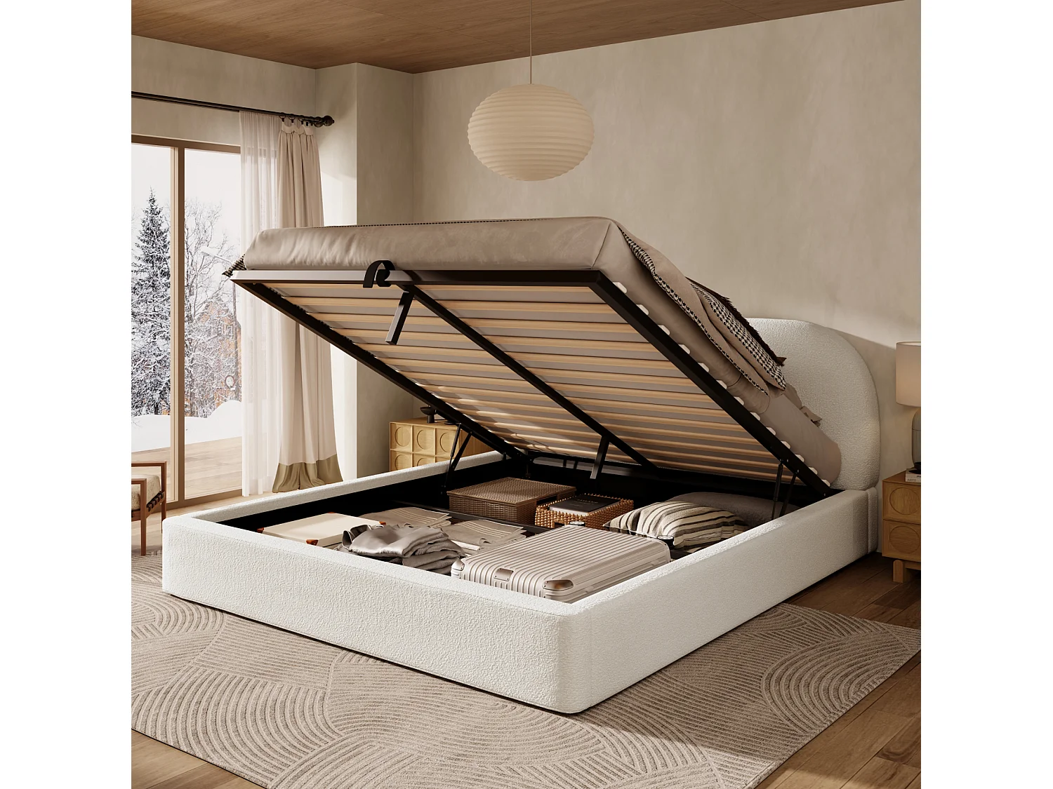 Opbergbed 180 x 200 cm - met hoofdbord, hydraulische lift, lattenbodem - beige - matras niet inbegrepen