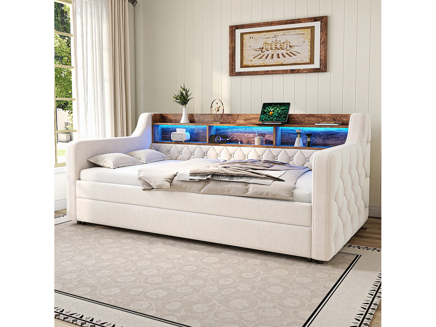 Cama de criança 90x190 cm - com prateleiras, porta USB Tipo-C, iluminação LED - veludo bege - colchão não incluído