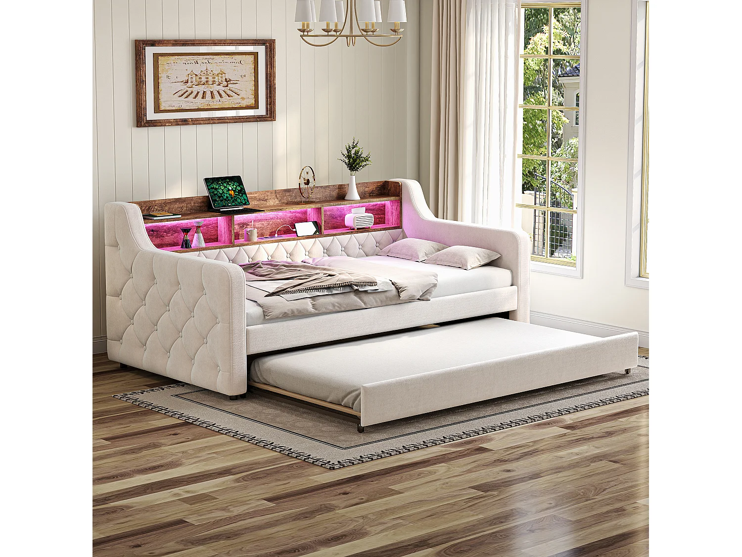 Cama de criança 90x190 cm - com prateleiras, porta USB Tipo-C, iluminação LED - veludo bege - colchão não incluído