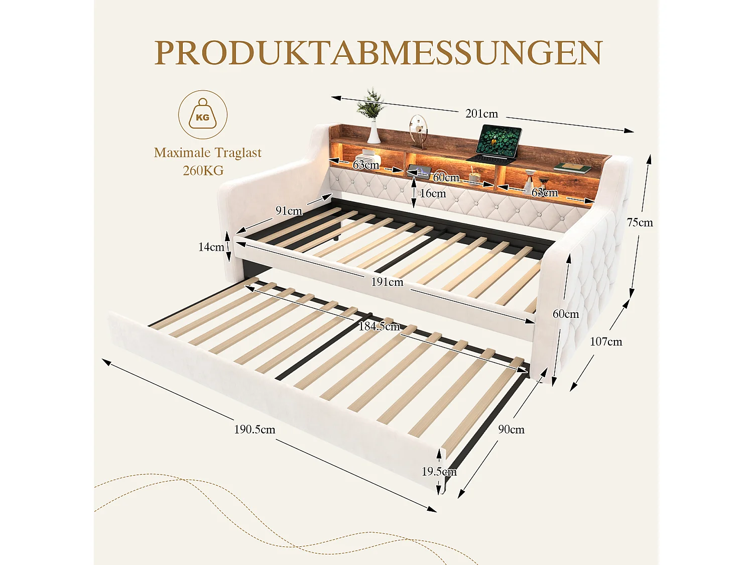 Cama de criança 90x190 cm - com prateleiras, porta USB Tipo-C, iluminação LED - veludo bege - colchão não incluído