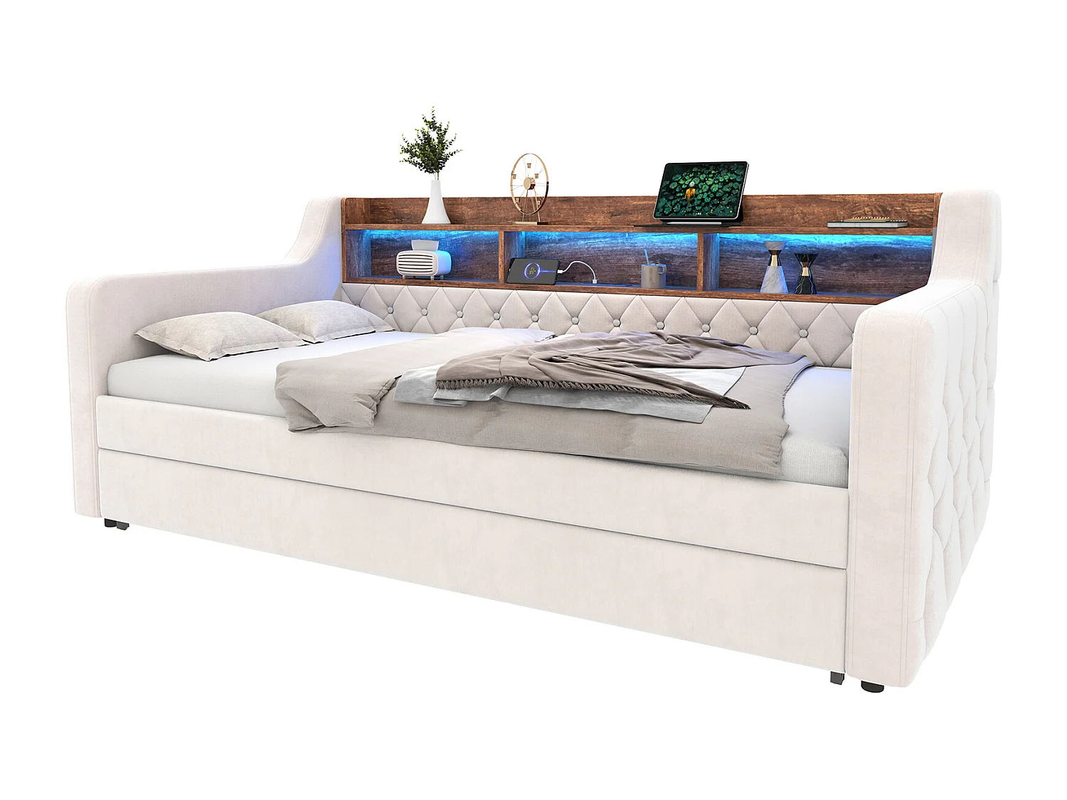 Cama de criança 90x190 cm - com prateleiras, porta USB Tipo-C, iluminação LED - veludo bege - colchão não incluído