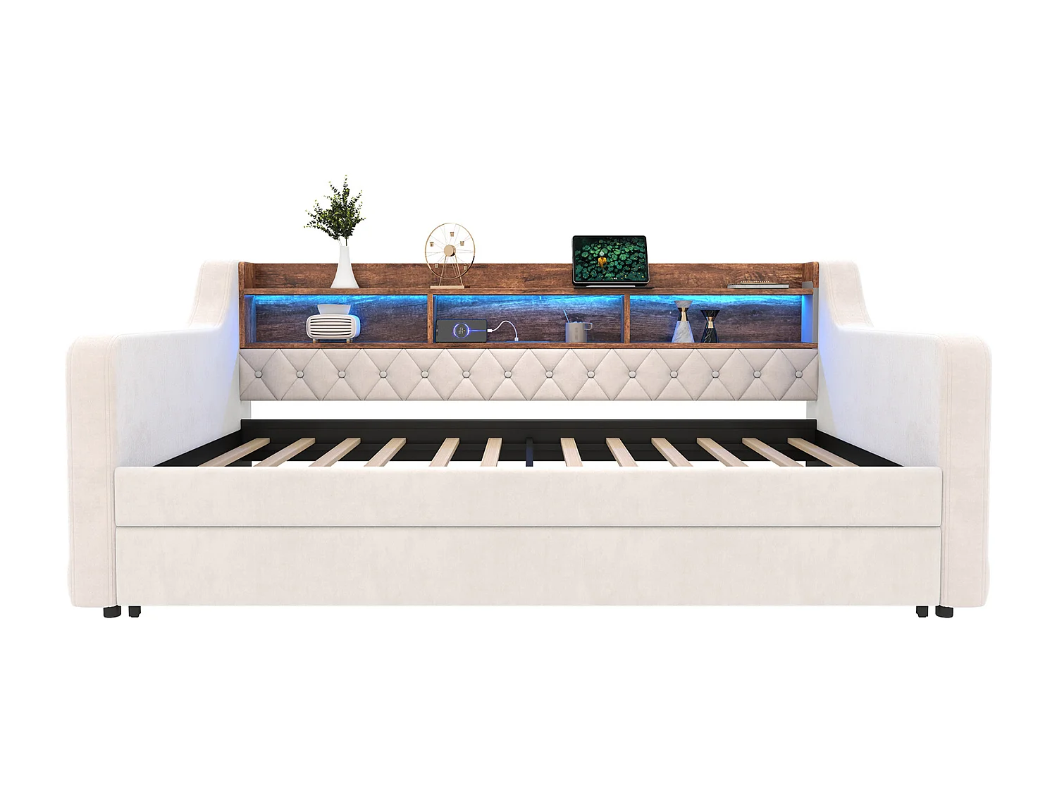 Cama de criança 90x190 cm - com prateleiras, porta USB Tipo-C, iluminação LED - veludo bege - colchão não incluído