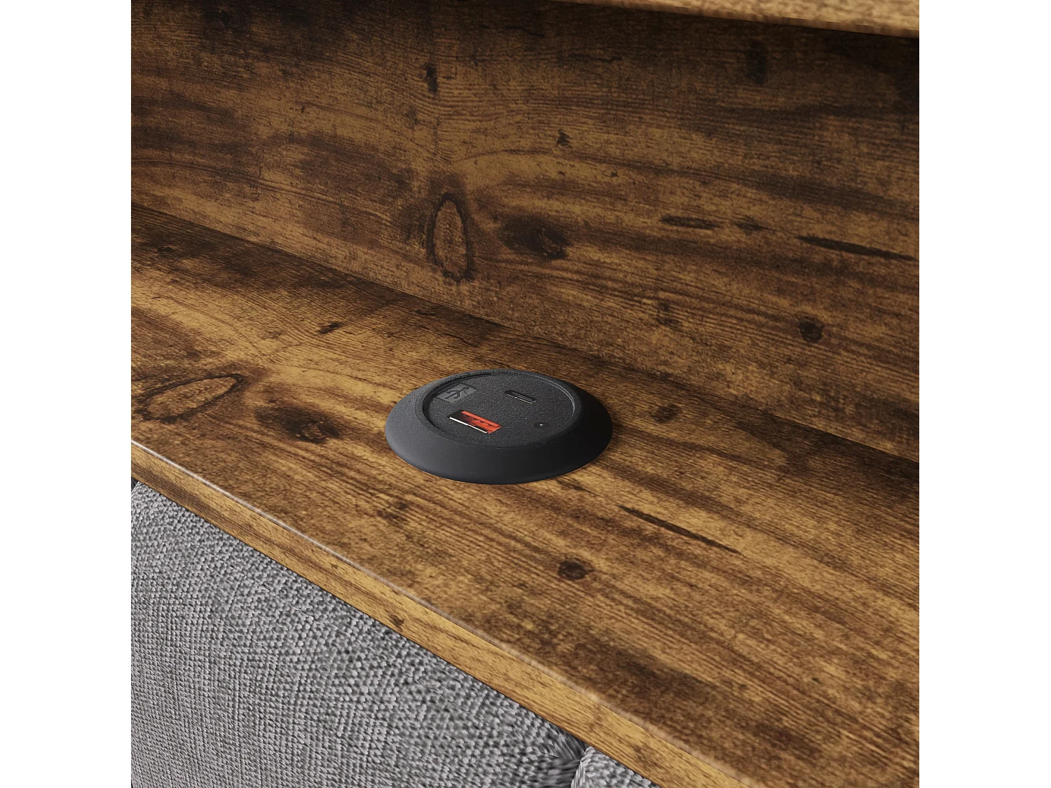 Opbergbed 90x200 cm - met hoofdbord met opbergruimte en ledverlichting - grijs linnen - matras niet inbegrepen