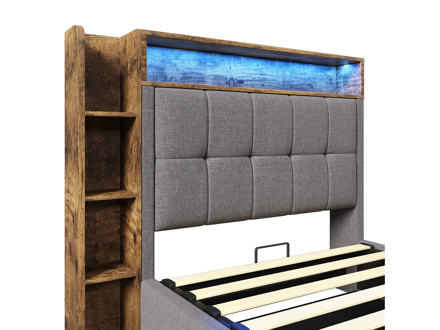 Opbergbed 90x200 cm - met hoofdbord met opbergruimte en ledverlichting - grijs linnen - matras niet inbegrepen