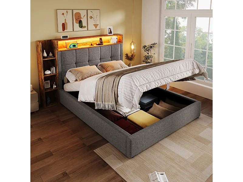 Lit coffre 90x200 cm - avec tête de lit avec rangement et éclairage LED - lin gris - sans matelas