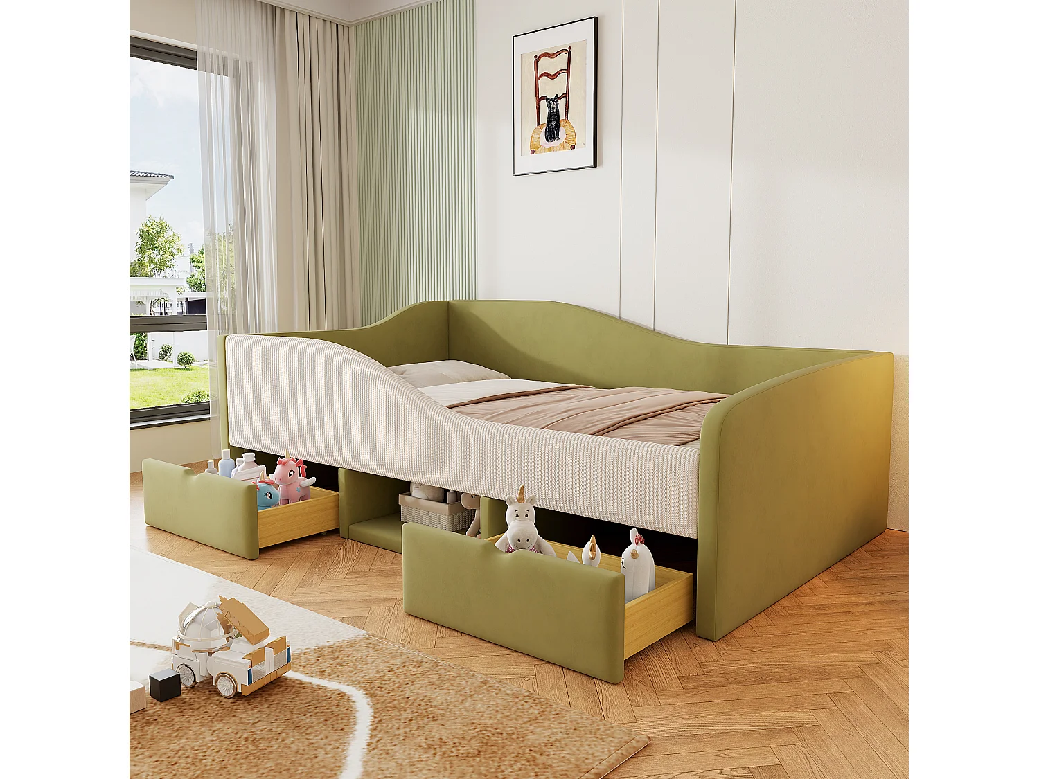 Lit banquette 90x190 cm - Lit enfant avec 2 tiroirs et sommier à lattes en bois - velours vert foncé - sans matelas